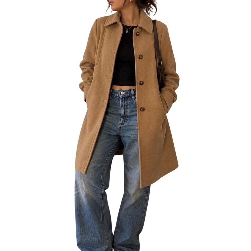 Minimalist Camel Wool Blend Button Front Car Coat London Fog Size L